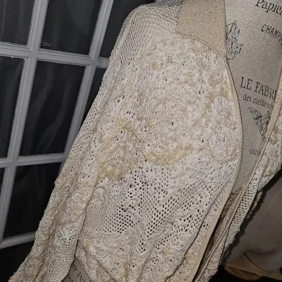 Anthropologie Womens Tan Natural Cropped Lace Cardigan Sweater M/L Medium Large - Picture 3 of 5